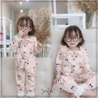 Pijama lụa thô mềm in hình phối ren