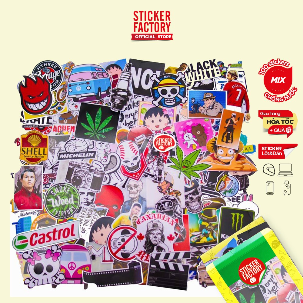 Mix Hỗn Hợp ngẫu nhiên - hộp set 100 sticker decal hình dán nón bảo hiểm , laptop, xe máy, ô tô - STICKER FACTORY