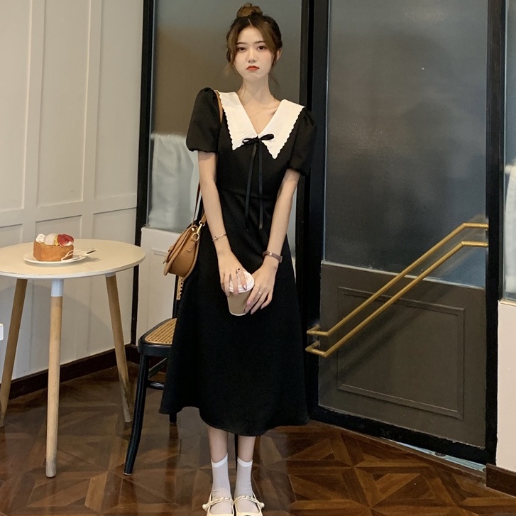 Đầm Đen Tay Phồng Cổ Chữ V Nhấn Eo Phong Cách Pháp Cổ Điển Thời Trang Mùa Hè Cho Nữ