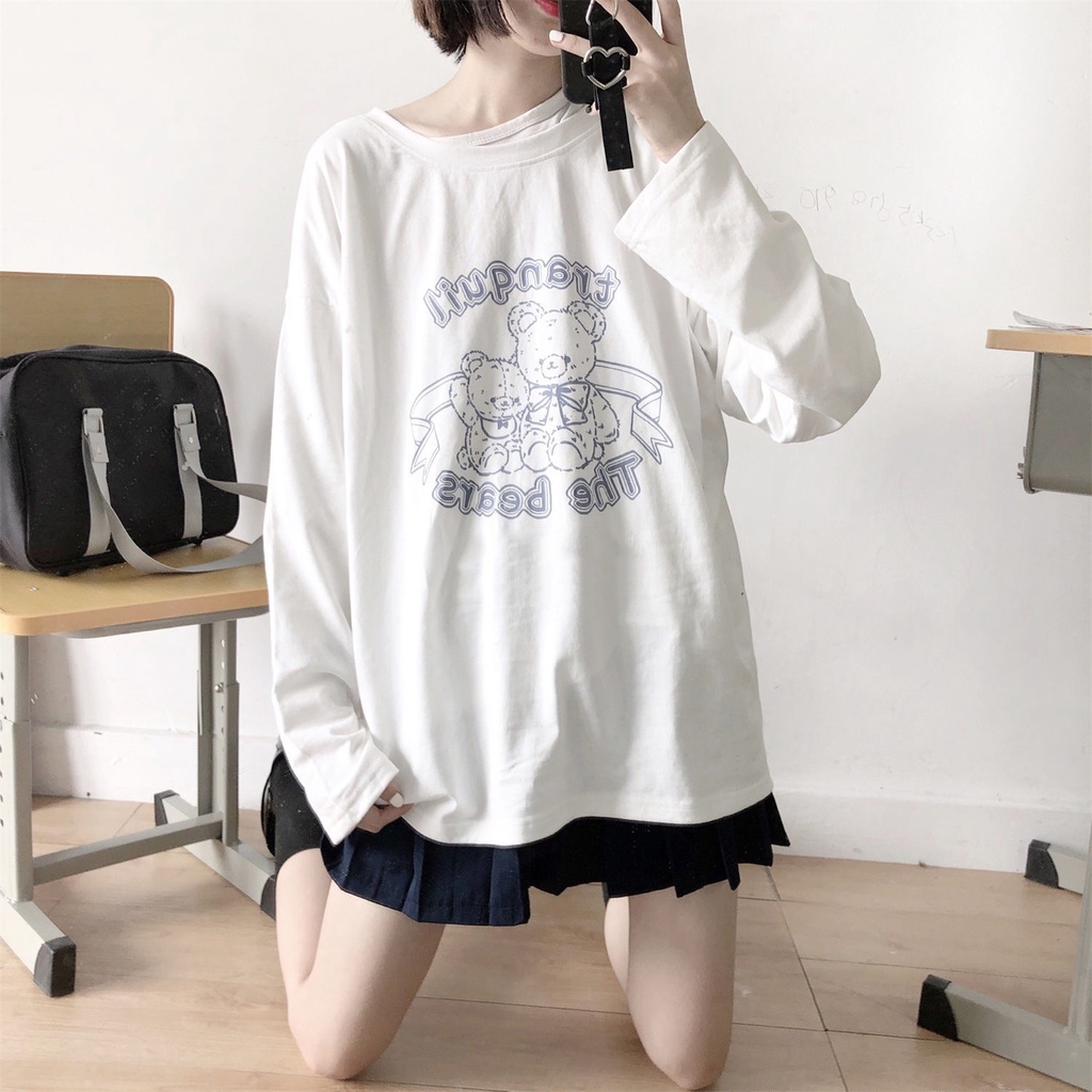 Áo thun dài tay in họa tiết hoạt hình dễ thương thiết kế dáng rộng phong cách nhật bản dành cho nữ