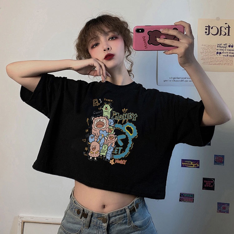 Áo croptop nữ tay ngắn cổ tròn vải thun cotton kiểu hàn quốc CR025 Miucho in hình hoạ tiết