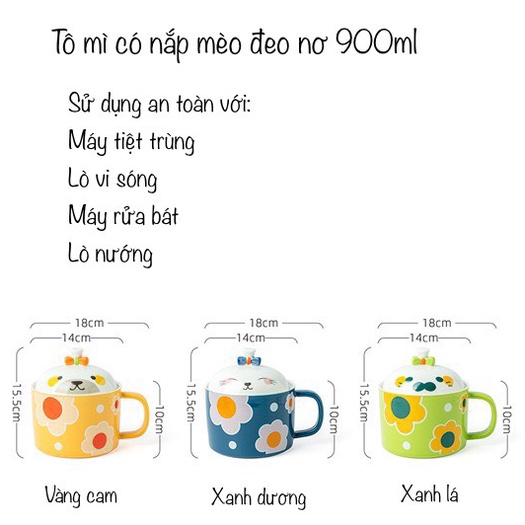 Bát Tô ăn mì có nắp bát sứ úp mì nắp đậy có quai cầm mèo đeo nơ kute 900ml