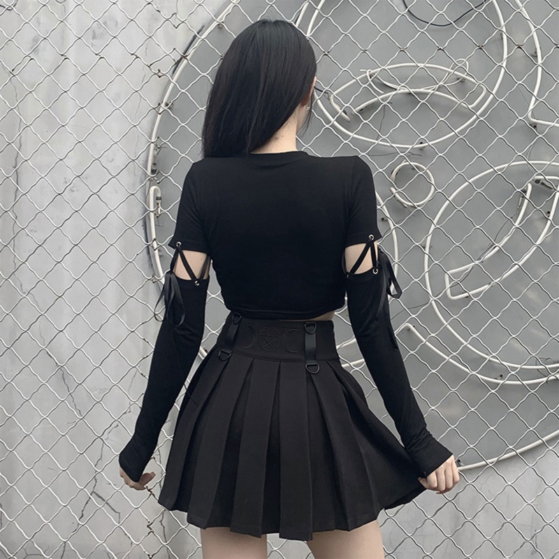 Brroa Áo Thun Crop Top Tay Dài Dáng Ôm In Hình Cánh Thiên Thần Phối Dây Buộc Phong Cách Harajuku Goth Dành Cho Bạn Nữ