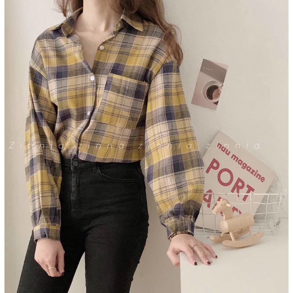 ÁO SƠ MI KẺ CARO ULZZANG OVERSIZE - SƠ MI TÚI NGỰC NHIỀU MÀU