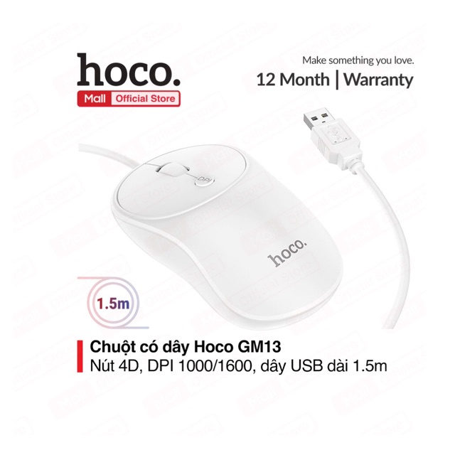 Chuột có dây Hoco GM13 DPI 1000/1600, thao tác dễ dàng nhờ thiết kế nút 4D, chất liệu ABS+PVC, dây USB kết nối, dài 1.5m