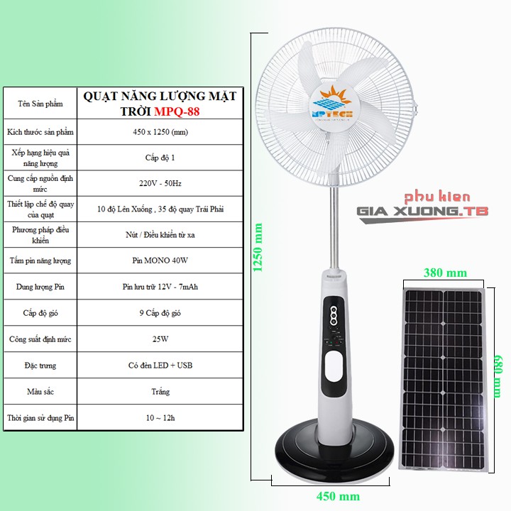 Quạt tích điện năng lượng mặt trời MPQ88 - BẢO HÀNH 12 THÁNG - Sử dụng 12h mà không lo tốn đi [BH 1 đổi 1]