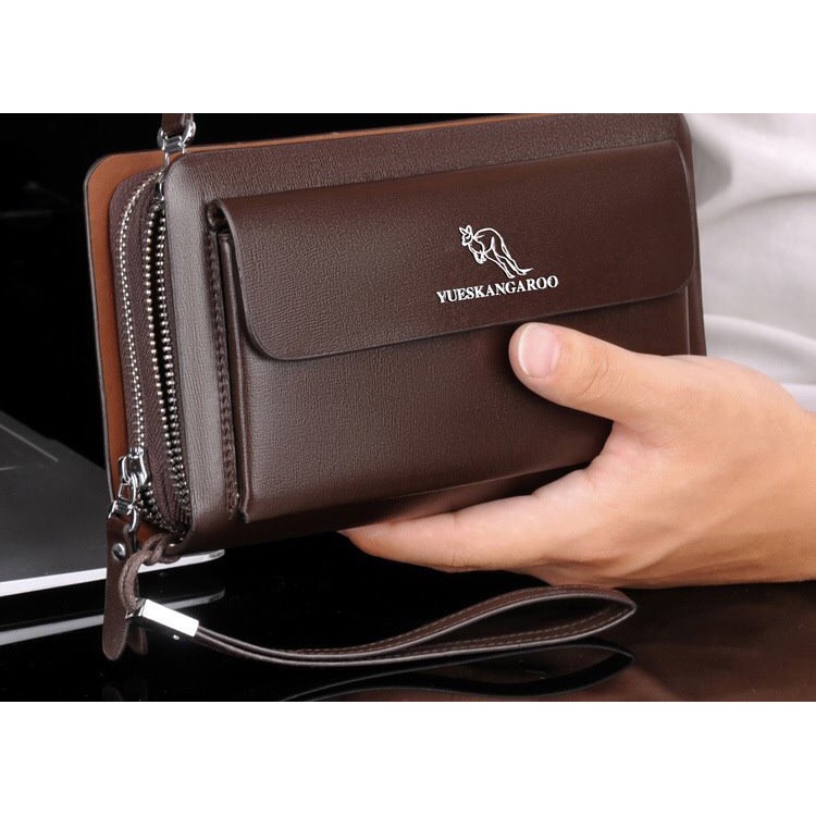 Ví cầm tay NAM NỮ da bò đẳng cấp thời trang YUEKANGAROO 2 ngăn khóa lớn KT 23x13x5cm ĐEN - NÂU