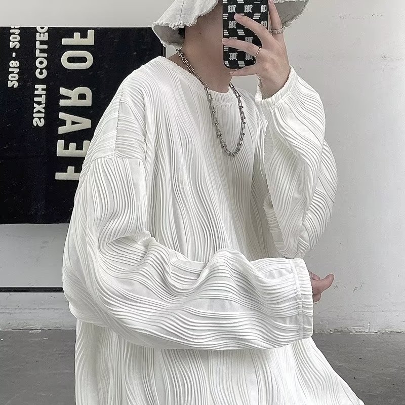 Áo Thun Tay Dài Cổ Tròn Bigsize Đơn Giản Thời Trang unisex Phong Cách Hàn Quốc nếp gấp kết cấu Cổ tròn Áo sơ mi dài tay tròn