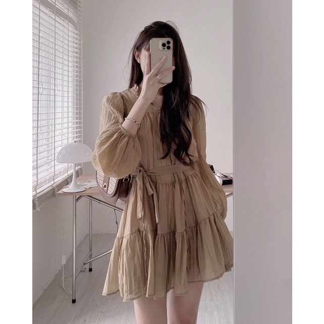Váy Babydoll vải tơ 2lớp , đầm xinh basic dài tay kèm dây thắt eo