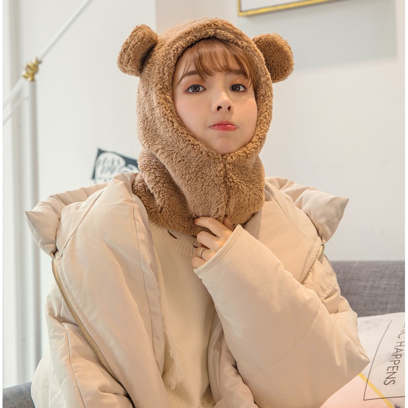 Mũ len trùm đầu liền khăn cổ thiết kế tai gấu kute len lông cừu ấm áp cho bé lớn và mẹ mùa đông