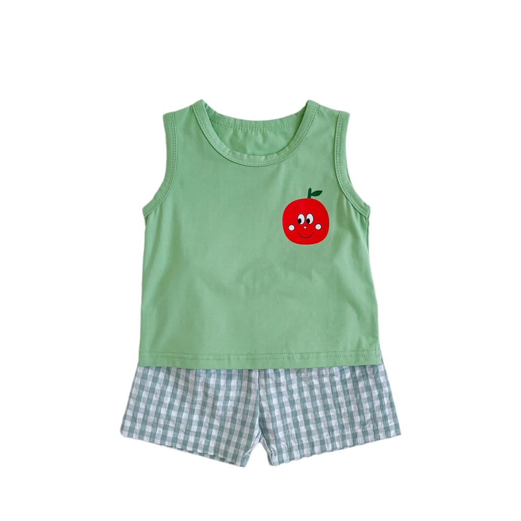 Set Áo Thun Tay Ngắn In Hình Trái Cây + Quần Short Kẻ Sọc Ca Rô Thời Trang Mùa Hè Cho Bé