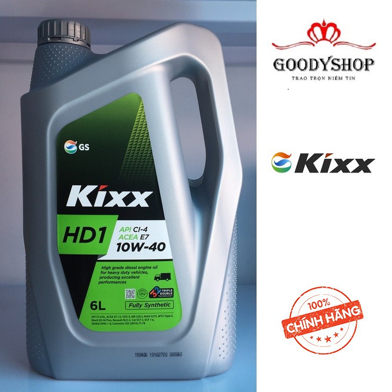 Dầu tổng hợp động cơ diesel Kixx HD1 10W-40/ 6L/can nhựa API CI-4 SL ACEA E7-12 GOODYSHOP