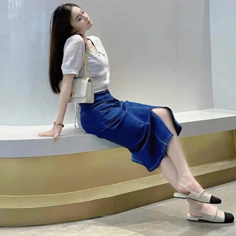 Giày búp bê bệt nữ quai ngang dây xích đính hạt cườm CNK xuất dư Full box MS-1914