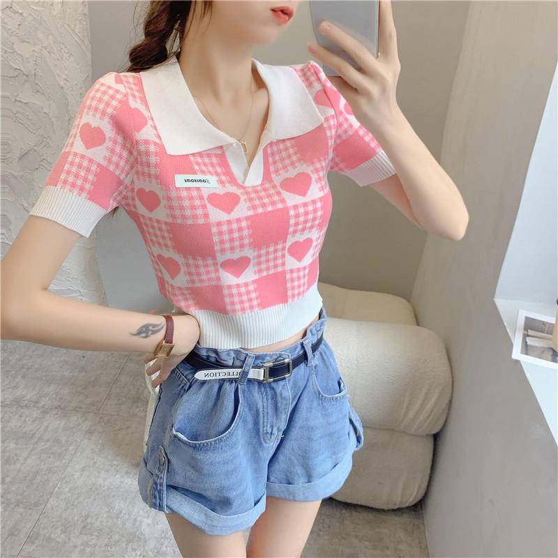Áo Thun polo Ngắn Tay Dệt Kim Mỏng Ôm Dáng Họa Tiết Sọc Ca Rô Thời Trang Mùa Hè Cho Nữ