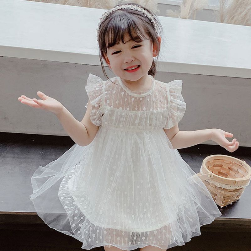 Đầm Công Chúa Tay Ngắn Phối Ren Màu Trơn Thời Trang Mùa Hè Se7en Dành Cho Bé Gái