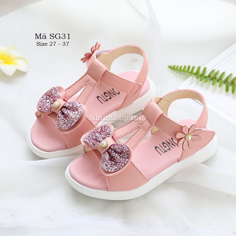 Sandal bé gái - Dép quai hậu đi học da mềm kiểu điệu đà đế dẻo êm chống trơn trượt màu hồng full size 3 - 12 tuổi SG31