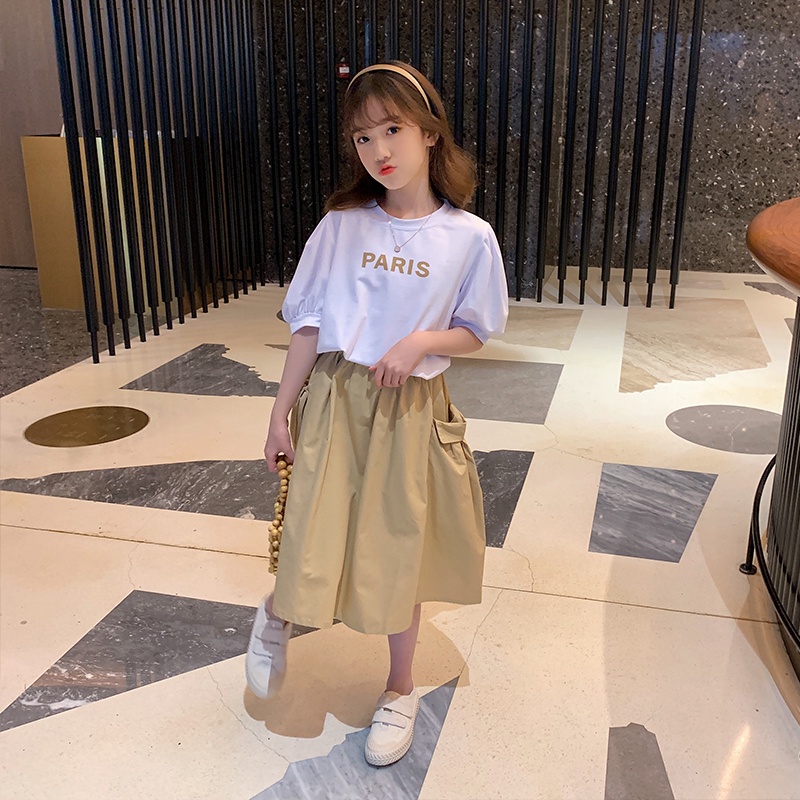 Bộ đồ gồm áo phông + váy thời trang đơn giản phong cách Hàn Quốc cho bé gái