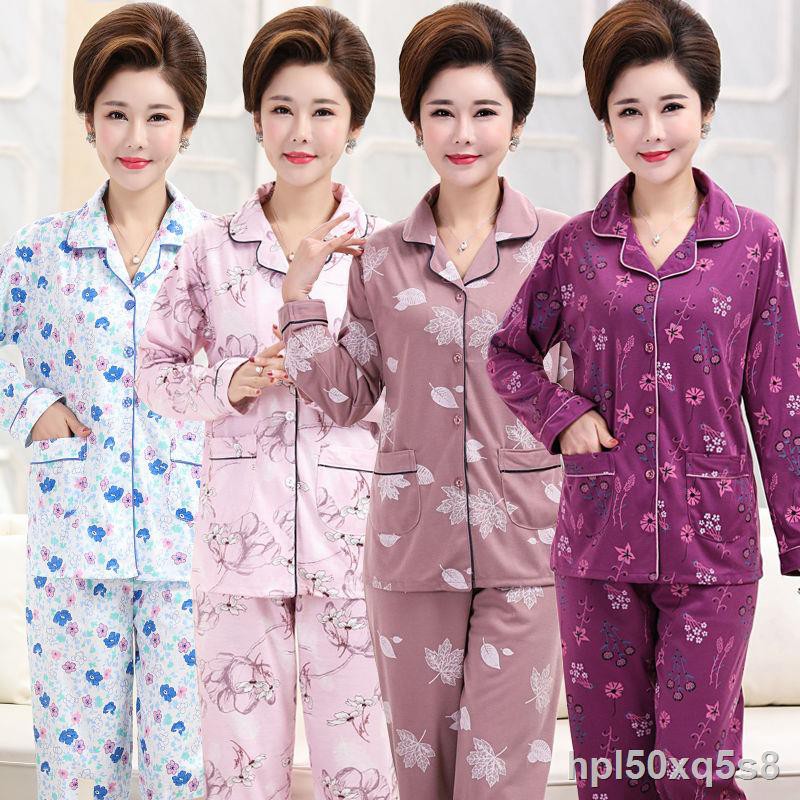 > béo plus size đồ ngủ nữ dài tay cho người trung niên và già Bộ lớn tuổi