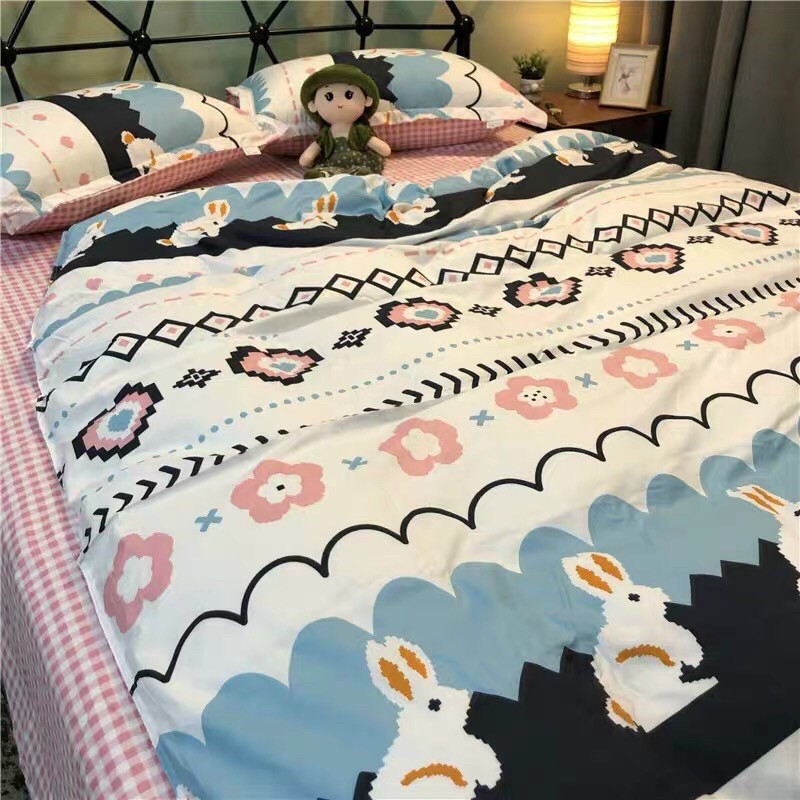 Set Chăn Ga Cotton PoLy Thỏ Hoa Tim Ga Kẻ Caro Trắng Hồng Chất Bền Shinbedding.shop