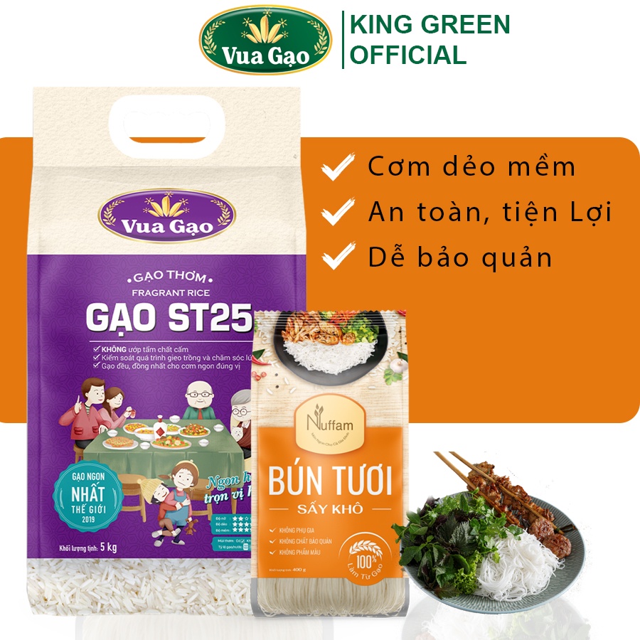 Combo Gạo ST25 5Kg + Bún Tươi Sấy Khô + Bánh Tráng Gỏi Cuốn - Thương hiệu Vua Gạo