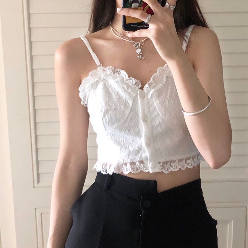 COZOK Áo Hai Dây Đính Nơ Phối Ren Phong Cách Hàn Quốc