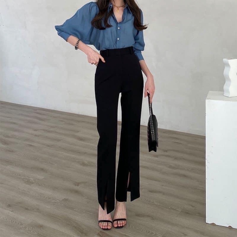 Quần ống loe xẻ gấu chất vitex tuyết mưa phong cách hàn quốc ulzzang babydoll bánh bèo nội y xanh