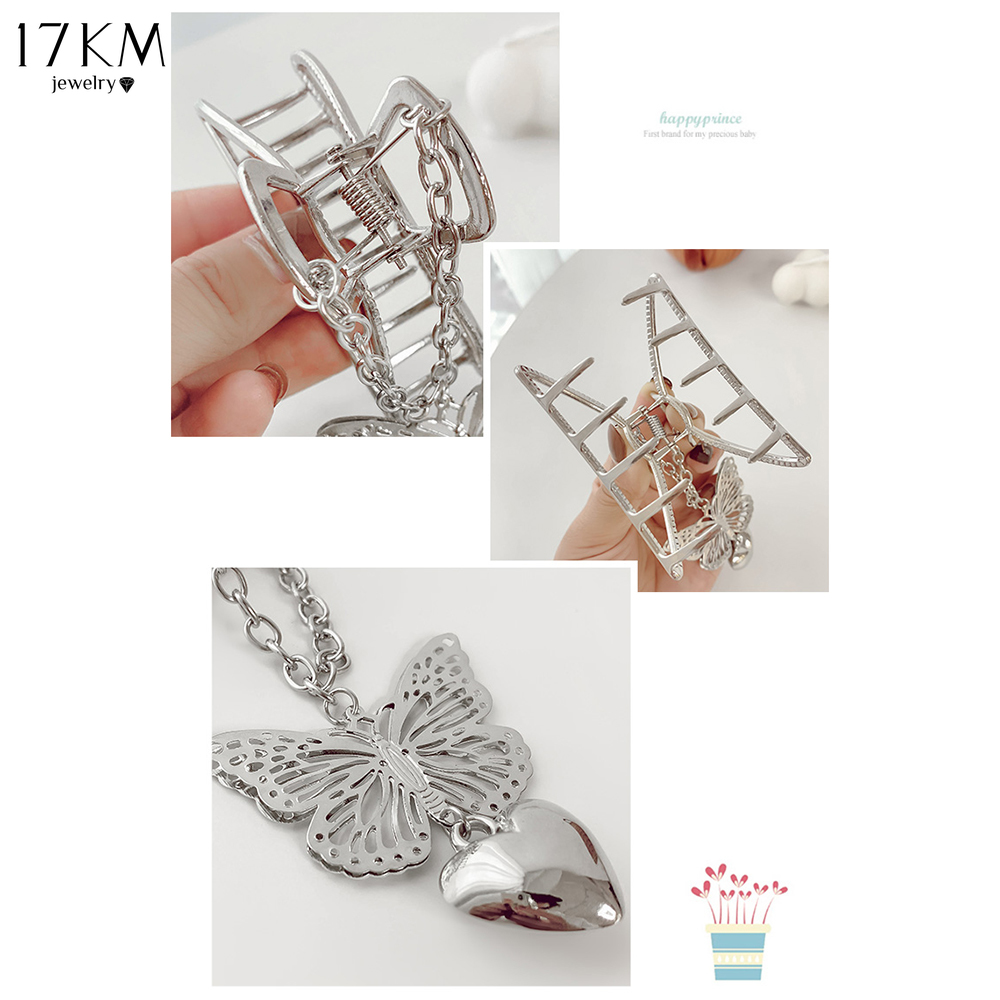 Kẹp Tóc 17KM Hình Bướm Trang Trí Mặt Trái Tim Màu Bạc Phong Cách Cổ Điển Nhiều Kiểu Thời Trang Cho Nữ