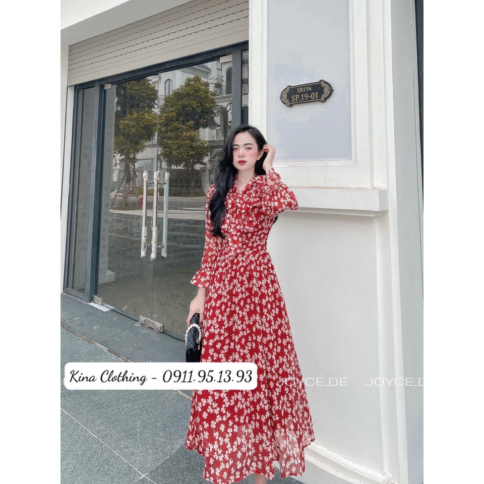 Đầm nữ maxi dáng dài cổ nơ đính ngọc voan hoa nhí D06-2