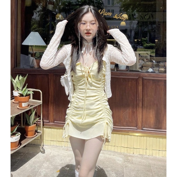 | YELLE DRESS| Set đầm dây vàng rút dây áo len mỏng hoa TLÉA