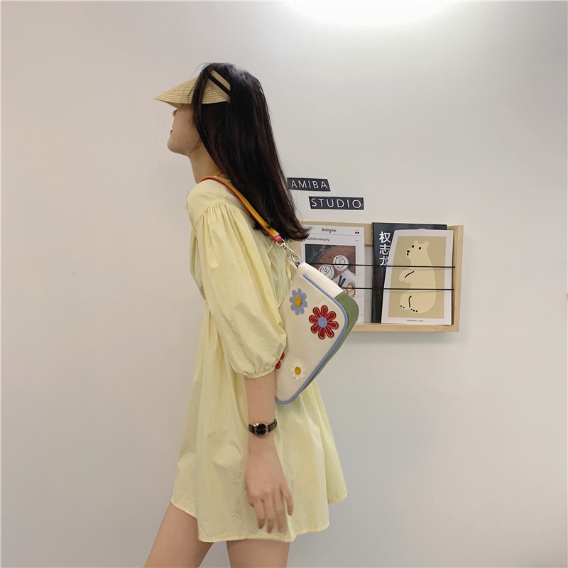 Túi IELGY đeo vai vải canvas họa tiết hoa màu sắc tương phản thời trang cho nữ