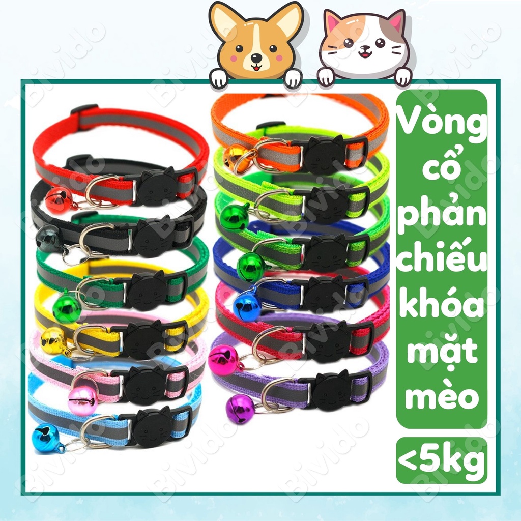 Vòng cổ chó mèo thú cưng 1cm dạ quang khóa mặt mèo đủ màu &lt;5kg - Bivido