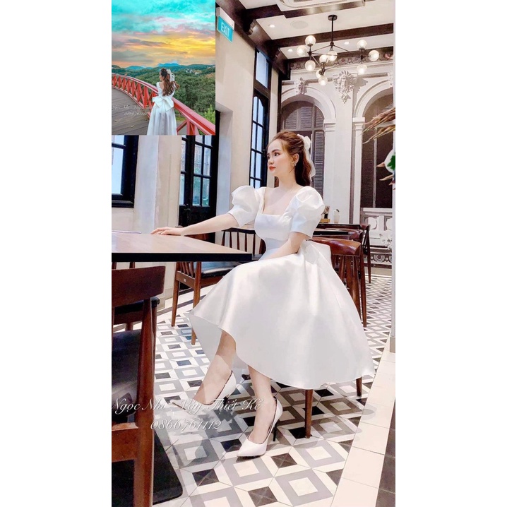 [Freeship] Đầm maxi trắng phồng nơ lưng