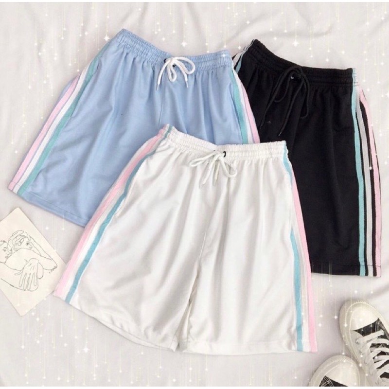 Quần Short Đùi 3 Sọc RAINBOW Unisex 🌸 Shorts Ống Rộng Cạp Chun Trơn Màu ĐEN | TRẮNG | XANH Ulzzang 🌸