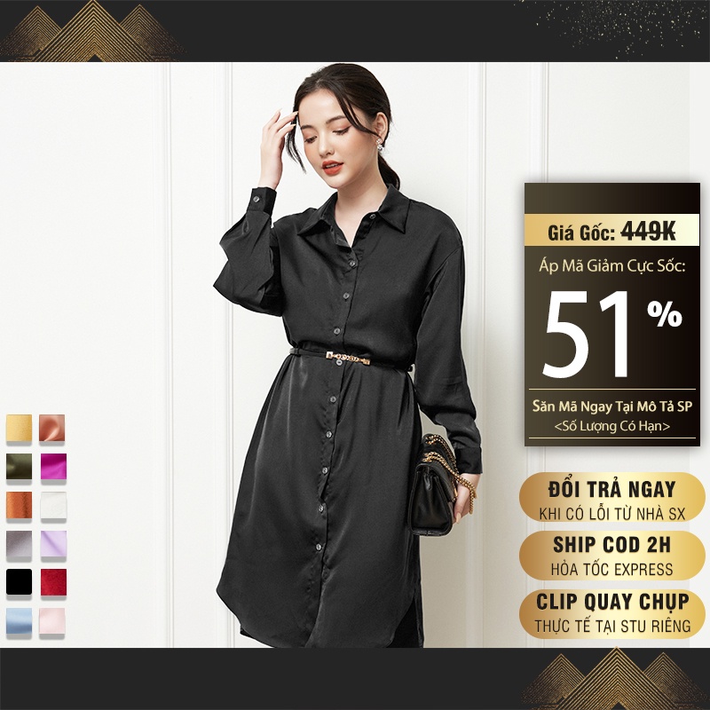 Đầm sơ mi dáng dài boomie bigsize chất lụa sang trọng thiết kế công sở, style Hàn Quốc thắt eo Jisilk L.VA001