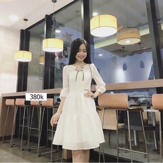 Váy xòe bèo tầng đính nơ hoa tay phồng 0VX.00188