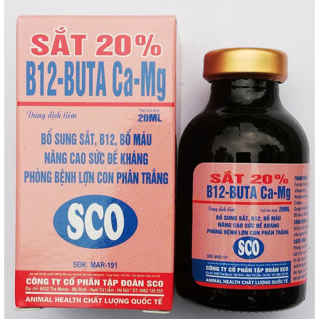 1 lọ Sắt 20% B12-BUTA Ca-Mg 20ml Bổ sung sắt, B12, Bổ máu, nâng cao sức đề khánh, phòng bệnh lợn con phân trắng