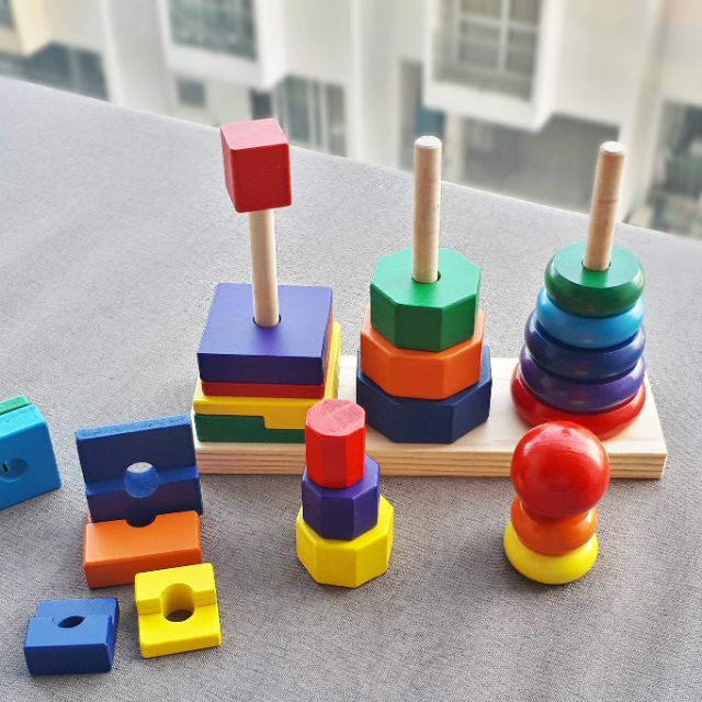 Bộ xếp hình gỗ 3D khối 3 trụ Montessori loại to nhất dài 28cm