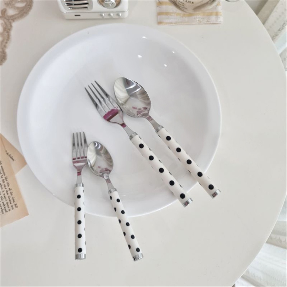 Muỗng/Nĩa bằng thép không gỉ họa tiết chấm bi phong cách retro phương Tây