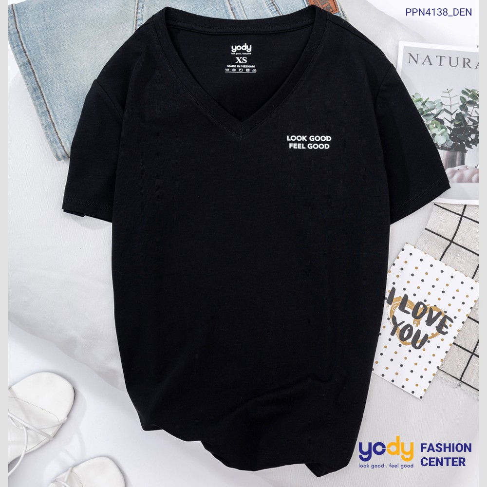 Áo phông nữ YODY cổ tim form rộng vải cotton thoáng mát PPN4138 | BigBuy360 - bigbuy360.vn