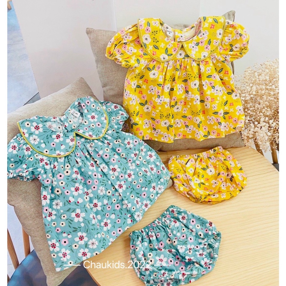 Bộ cộc tay bé gái, Bộ hoa nhí quần chip viền vàng bé gái