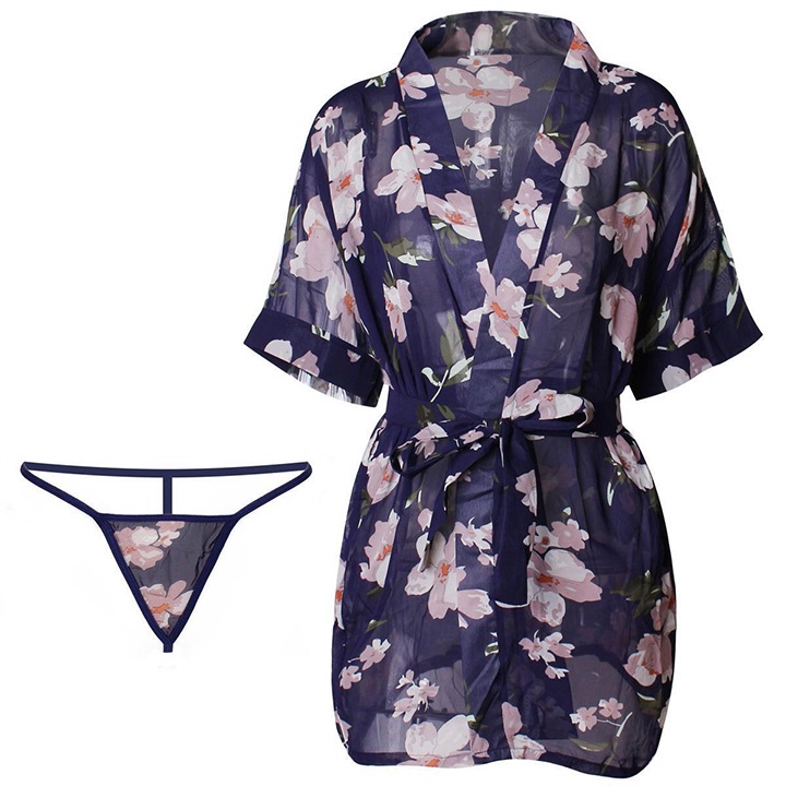 Áo choàng ngủ xuyên thấu sexy tay ngắn kiểu kimono in hoa sang trọng BT42229