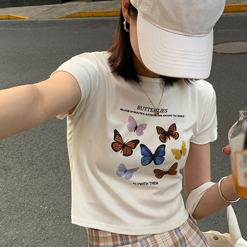 Áo Thun Tay Ngắn In Hình Bướm Thời Trang Hàn Quốc Cho Nữ