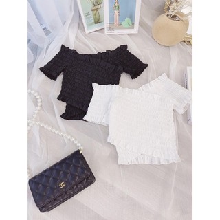 Áo croptop nhún thun đắp chéo bèo