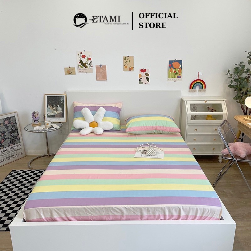 Bộ ga gối ETAMI drap giường cotton poly 5D, ga trải giường + 2 vỏ gối nằm màu cầu vồng