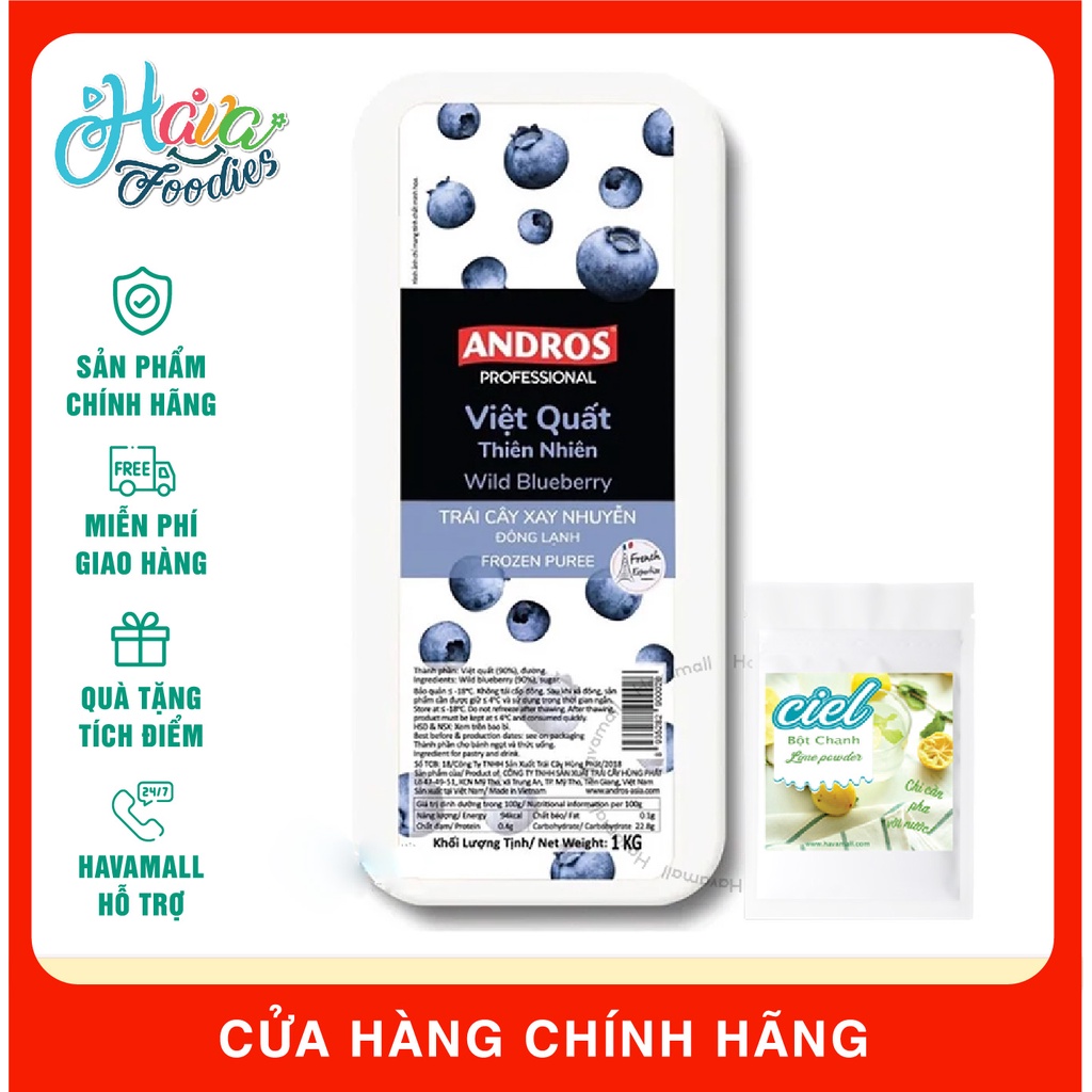 Trái Việt Quất Xay Nhuyễn Đông Lạnh Andros Hộp 1Kg - TẶNG KÈM BỘT CHANH