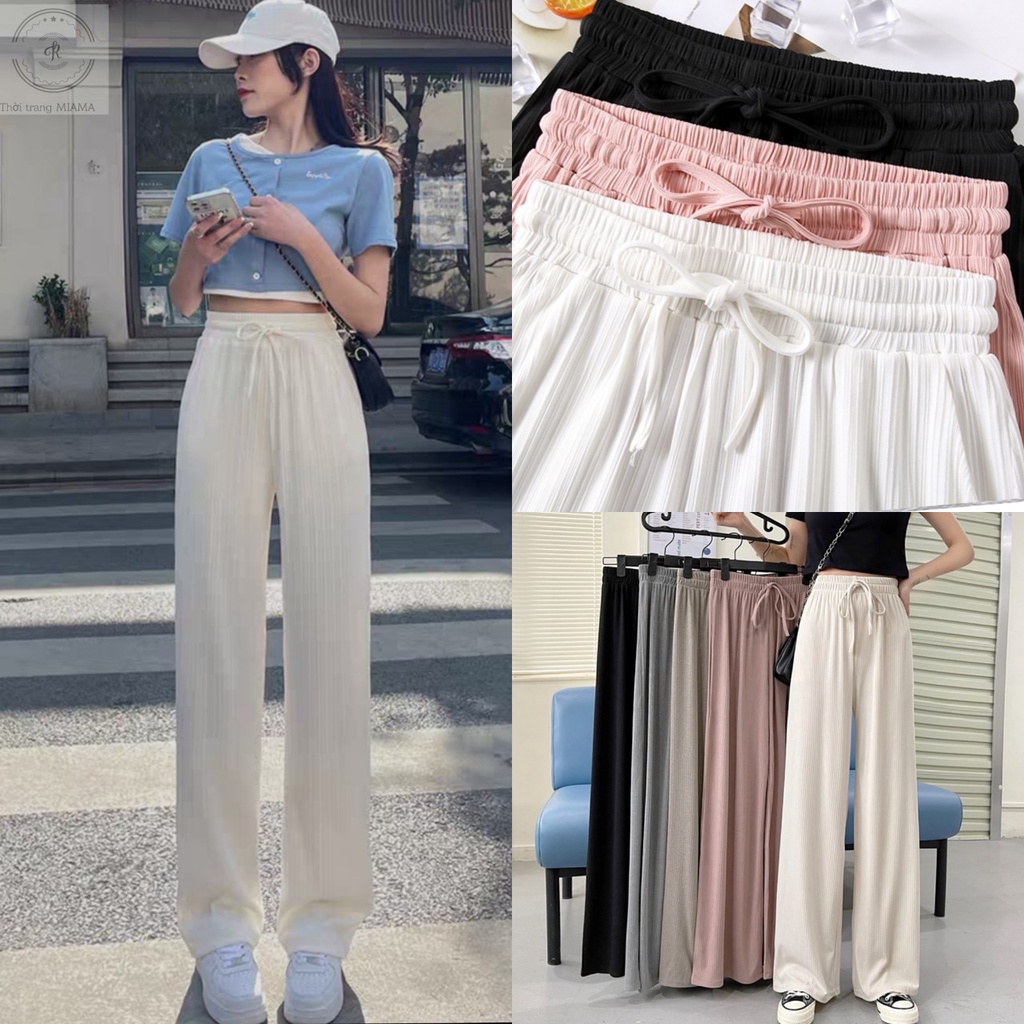 Quần ống rộng thun tăm xuất hàn lưng cao cạp chun dây rút dáng xuông dài Quần culottes ống suông co dãn vải mềm mát lạnh