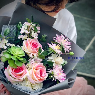 [Ảnh shop chụp] Bó Hoa Hồng Giả Mix Tone Hồng Phong Cách Hàn Quốc Chất Liệu Lụa Cao Cấp Dùng Làm Quà Tặng