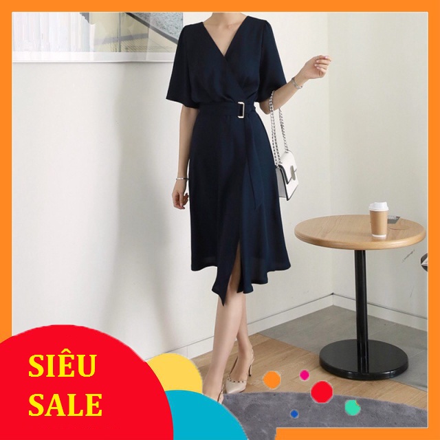Váy voan vạt chéo cổ V kèm belt màu đen VA1103 Đầm công sở dáng xoè cổ V hàng thiết kế kiểu dáng Hàn Quốc