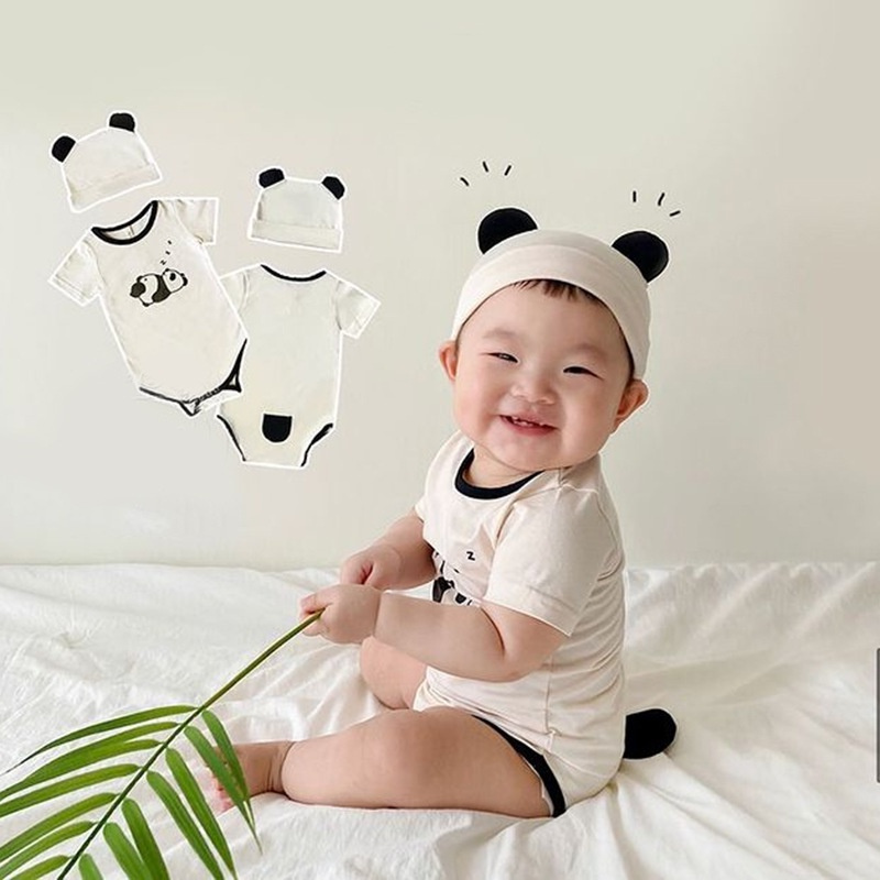 Set áo liền quần tay ngắn hình gấu trúc + mũ hình tai gấu thời trang mùa hè cho bé sơ sinh