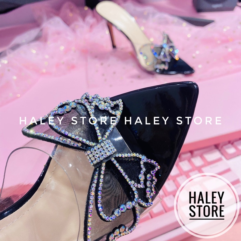 Giày Guốc nữ HALEY STORE cao gót 9p quai trong mũi nhọn đính nơ đá xoàn phale lấp lánh tiểu thư thời trang